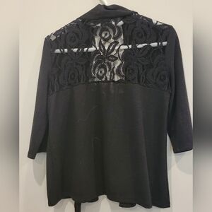 Black Knit & Lace 3/4" Sleeve Open Front Sweater Cover Up Top Small